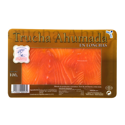 AHUMADOS DOMINGUEZ Trucha ahumada en lonchas AHUMADOS DOMINGUEZ 100 g.