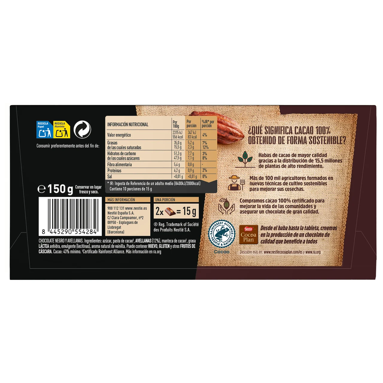 Dark Chocolate negro con avellanas enteras 150 g.