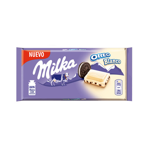 MILKA OREO BLANCO.Chocolate blanco con relleno sabor vainilla y trozos de galleta con cacao 100 g.