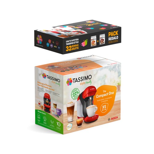 Cafetera TASSIMO Style + 2 pack, 1400W, automática, multibebida, depósito de 0,7L, color rojo.