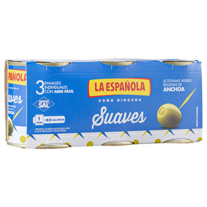 Imagen de LA ESPAÑOLA Aceitunas verdes rellenas de anchoas Suaves pack de 3 latas de 50 g.