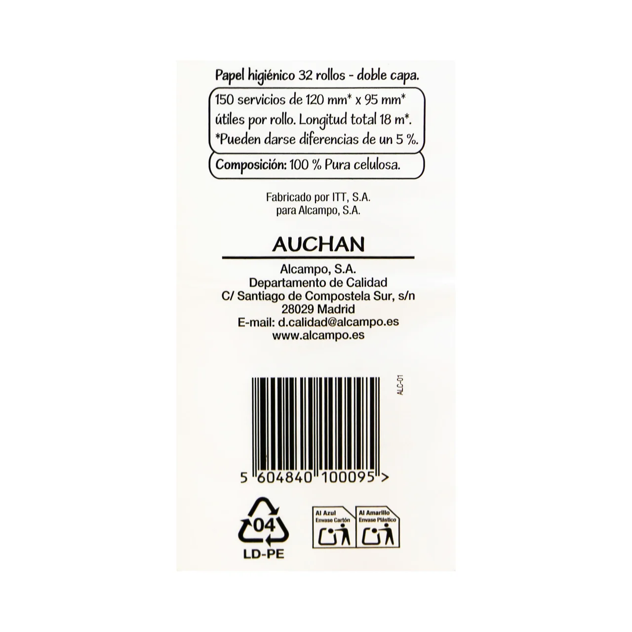 PRODUCTO ECONÓMICO ALCAMPO Papel higiénico doble capa 32 rollos