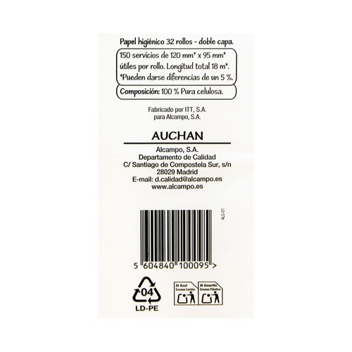 PRODUCTO ECONÓMICO ALCAMPO Papel higiénico doble capa 32 rollos