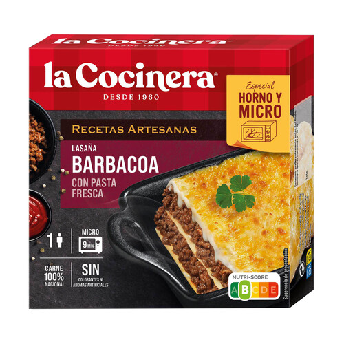 LA COCINERA Recetas artesanas Lasaña barbacoa, elaborada con pasta fresca, especial para horno y microondas 280 g.