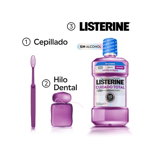 LISTERINE Cuidado total Enjuague bucal con flúor y sin alcohol, sabor menta intensa 500 ml.