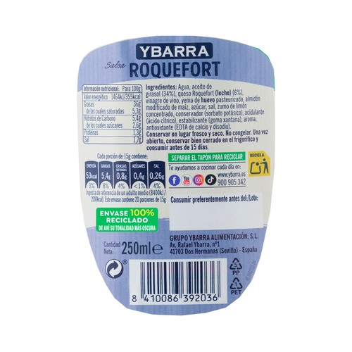 YBARRA Salsa Roquefort sin gluten ni colorantes 300 ml.