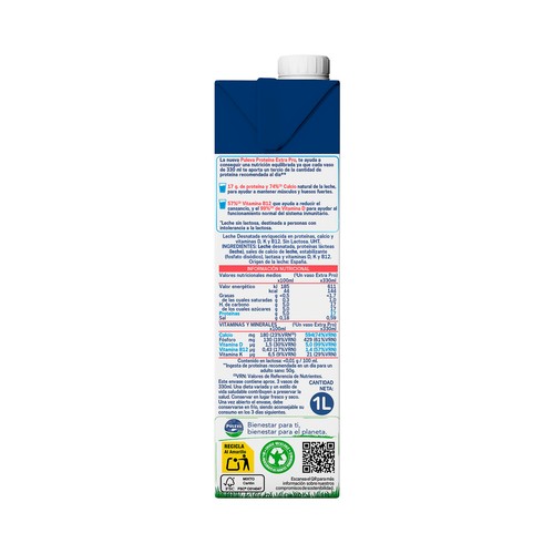 PULEVA Proteína extra pro Leche de vaca desnatada, sin lactosa, con un alto contenido en proteínas 1 l.