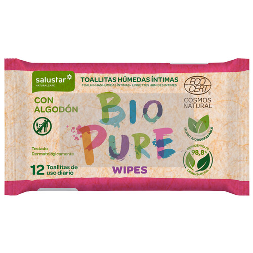 Toallitas húmedas íntimas, con algodón y dematológicamente testadas SALUSTAR Bio pure 12 uds.