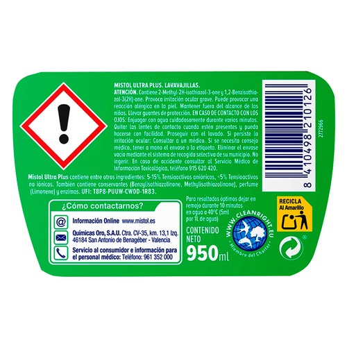 MISTOL Ultra plus Detergente concentrado lavavajillas a mano 950 ml.