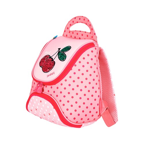 Mochila preescolar diseño de cerezas, color rosa, PRODUCTO ALCAMPO, 24x25x13cm.