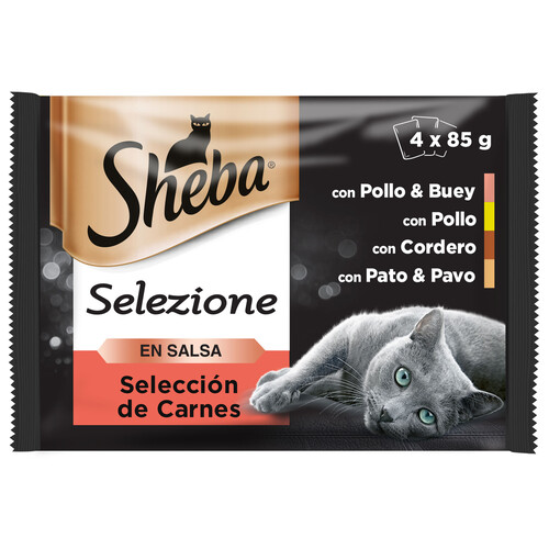 SHEBA Comida para gatos adultos a base de pollo, buey, conejo y pavo en salsa SHEBA 4 uds. 85 g.