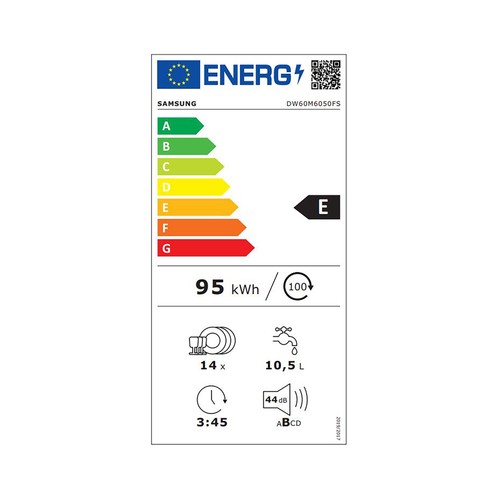 Lavavajillas SAMSUNG DW60M6050FS capacidad: 14 servicios, clasificación energética: E, 3ª bandeja, H: 84,5cm, A: 59,8cm, F: 60cm.