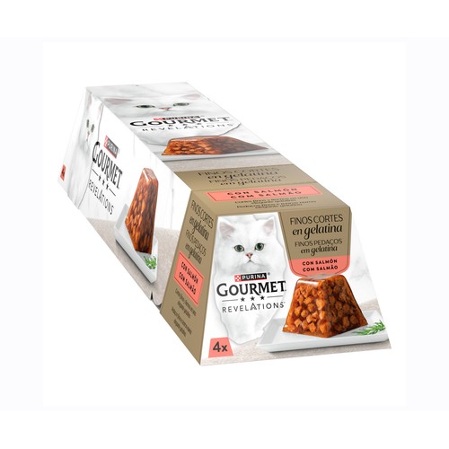 REVELATIONS Alimentación de gato gourmet finos cortes salmón 4 x 57 gr.