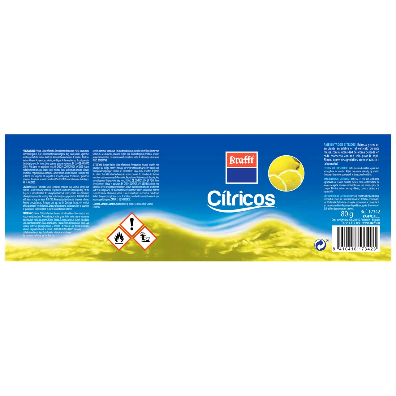 Ambientador en gel para coche, en envase de lata con dosificador y con olor a cítricos