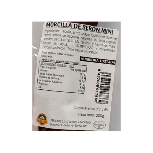 PEÑA CRUZ Morcilla picante envasada al vacío 200 g.