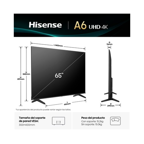 Televisión 165,1 cm (65") HISENSE LED 65A6Q, 4K, Ultra HD, VIDAA Smart TV, WIFI, 3HDMI, 2USB, HDR, 60 Hz.
