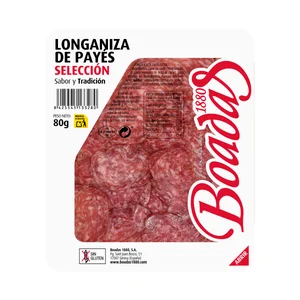 BOADAS Longaniza de payés, elaborada sin gluten y cortada en finas lonchas BOADAS Selección 80 g.