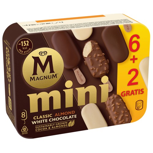 MAGNUM de frigo mini bombones almendradros, de chocolate, chocolate con leche y chocolate blanco 8 x 55 ml.