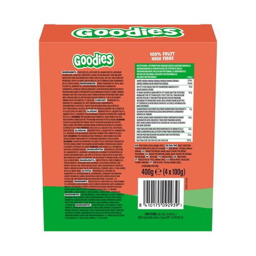 GOODIES Bolsita (pouch) de fruta (melocotón, manzana y plátano), a partir de 9 meses 4 x 100 g.