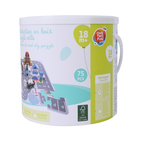 Cubo de Piezas Ciudad con Puzle y Bloques de Madera 75 piezas +18 Meses ONE, TWO FUN Baby