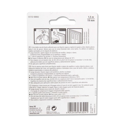 1.5m. de cinta adhesiva de doble cara especial para espejos, 19mm., color blanco TESA Powerbond.