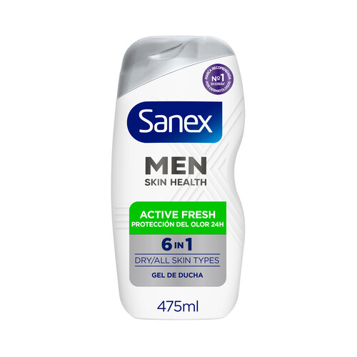 SANEX Gel de ducha o baño 6 en 1 cuerpo, para todo tipo de pieles, incluso secas SANEX Men active fresh 475 ml.