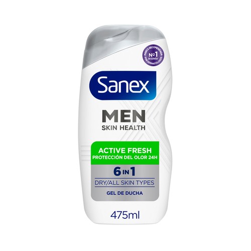 SANEX Gel de ducha o baño 6 en 1 cuerpo, para todo tipo de pieles, incluso secas SANEX Men active fresh 475 ml.