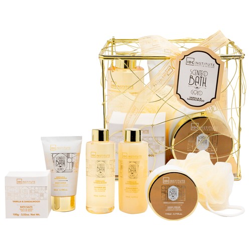 IDC INSTITUTE Gold Cesta metálica con productos para el cuidado y la higiene personal, aroma a vainilla y sándalo.