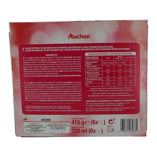 PRODUCTO ALCAMPO Conos de helado de nata y fresa con salsa de fresa PRODUCTO ALCAMPO 6 x 120 ml.