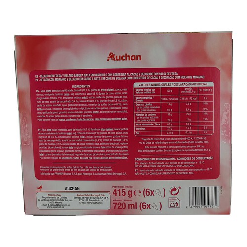 AUCHAN Conos de helado de nata y fresa con salsa de fresa 6 x 120 ml. Producto Alcampo