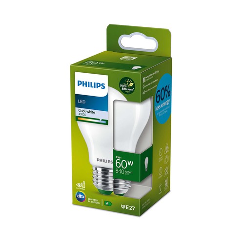 Bombilla Led E27, 4W=60W, luz neutra 4000K, 840lm, PHILIPS.