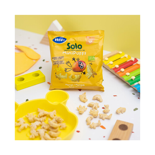 HERO Snacks infantiles no fritos y sin azúcares añadidos. de cereales y mango ecológicos, a partir de 8 meses HERO Solo 18 g.