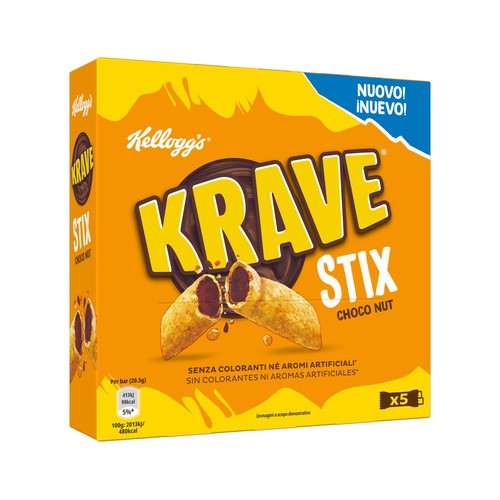 Barritas de cereales rellenos de chocolate y avellana KELLOGG´S KRAVE 5 uds. 102,5 g.