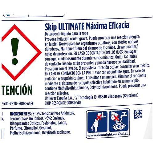 SKIP Ultimate Detergente líquido con acción antimanchas incluso en agua fría 45 ds.
