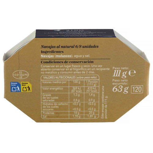 AUCHAN COLLECTION Navajas al natural (6 - 8) de las  Rías Gallegas lata 63 g. Producto alcampo