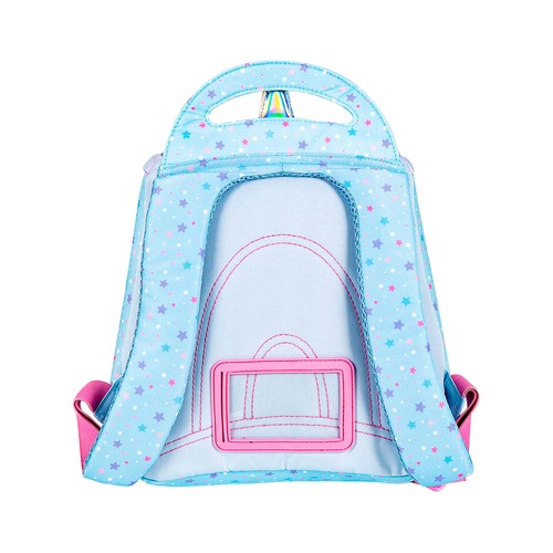 Mochila preescolar diseño de unicornio, color azul y naranja, PRODUCTO ALCAMPO, 24x25x13cm.