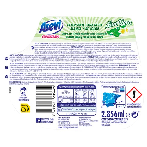 ASEVI Detergente líquido para ropa blanca y de color con aloe vera 42 DS.