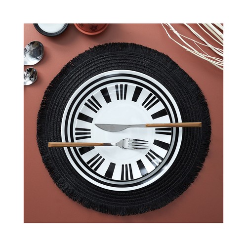 Mantel individual redondo con flecos color negro, HOME DECO FACTORY.