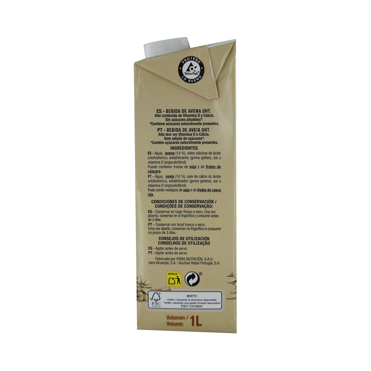 AUCHAN Bebida de avena con alto contenido de calcio y vitamina D 1 l. Producto Alcampo