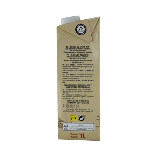 AUCHAN Bebida de avena con alto contenido de calcio y vitamina D 1 l. Producto Alcampo