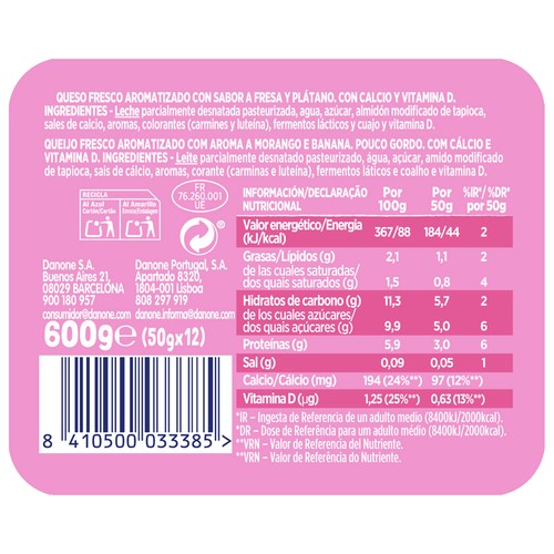 DANONINO de Danone Petit suisse con sabor a fresa y plátano 12 x 50 g.
