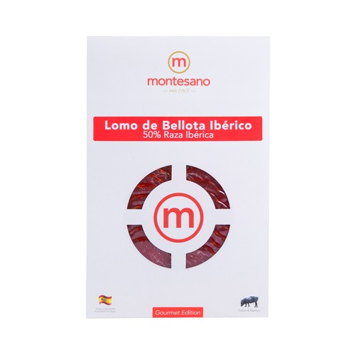 MONTE ROBLE Lomo de bellota ibérico (50% raza ibérica), cortado en lonchas MONTESANO 100 g.