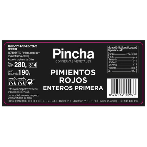 PINCHA Pimiento rojo entero 190 gr.