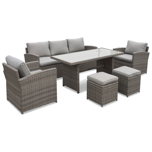 Conjunto muebles de jardín 7 plazas con mesa, sillones y pufs de acero y ratán color marrón/gris, Canadá KACTUS REPUBLIC.