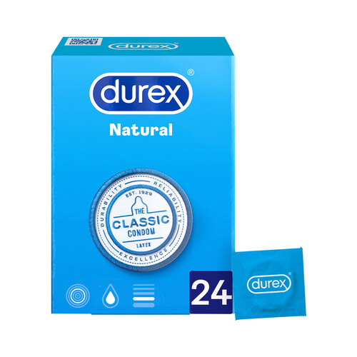 Preservativos lubricados clásicos de latex DUREX Natural 24 uds.
