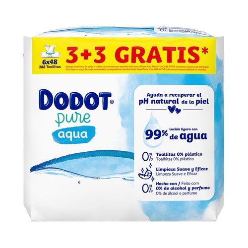 DODOT Pure aqua Toallitas húmeds para bebé con un 99% de agua 288 uds.