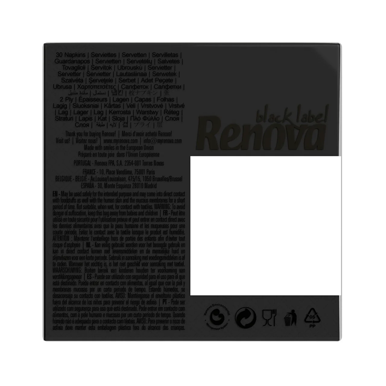 RENOVA Servilletas desechables color negro, RENOVA BLACK LABEKL 23 x 23 centímetros 30 uds.