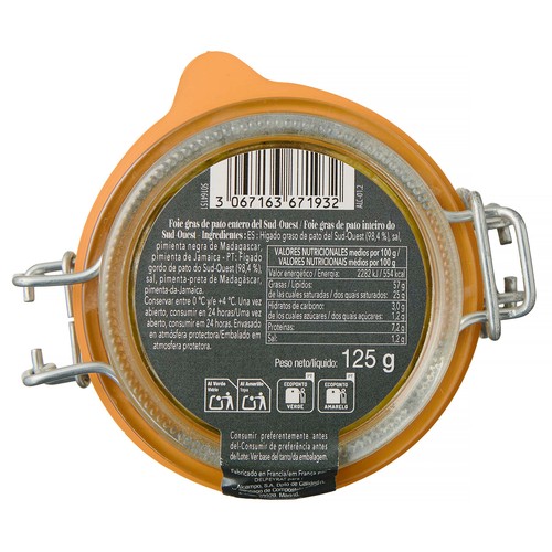 ALCAMPO GOURMET Foie gras de pato (origen Francia) entero ALCAMPO GOURMET 125 g.