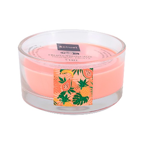 Vela grande en vaso de cristal con 3 mechas, aroma de frutos tropicales, ALCAMPO.