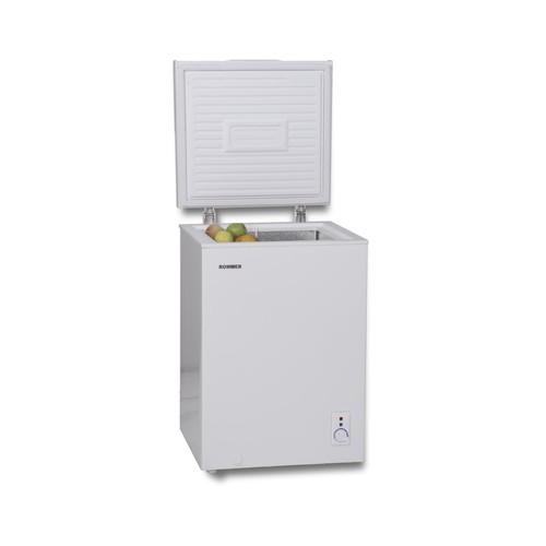 Congelador horizontal ROMMER MFE 100, clasificación energética: E, H: 84cm, A: 55cm, F: 48cm, capacidad total: 99L.
